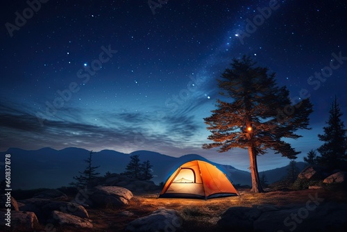 Night camping near bright fire in spruce forest under starry magical sky with milky way photo