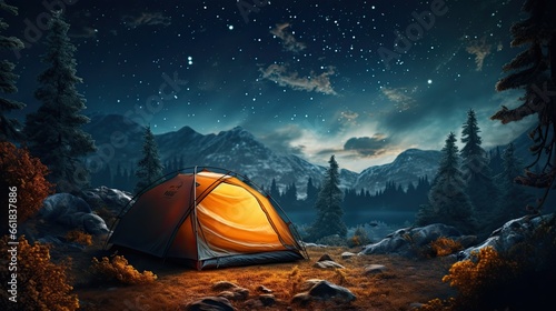 Night camping near bright fire in spruce forest under starry magical sky with milky way