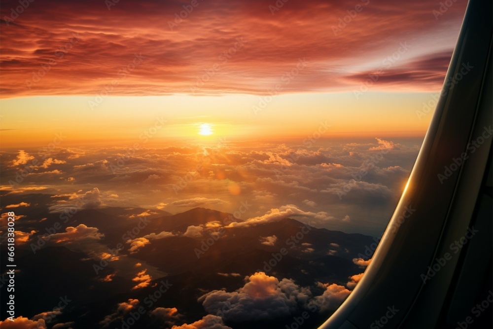 In flight marvel Plane window reveals a breathtaking sunset vista In flight marvel Plane window reveals a breathtaking sunset vista