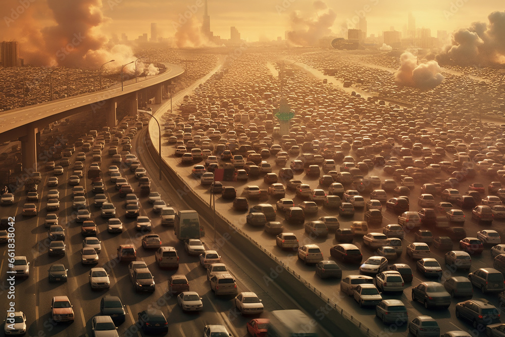 Obraz premium Navigate the urban hustle as a massive flow of cars fills a major highway, highlighting environmental pollution challenges. Ai generated