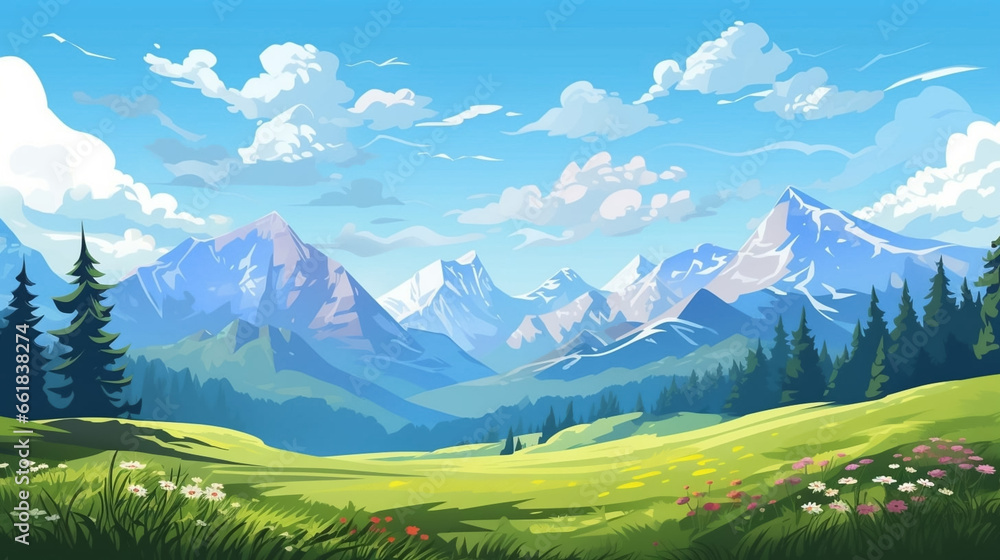 Illustration. View of an alpine landscape. Simple illustration, with meadows and alpine mountains in the background. Copy space available. Beautiful mountain landscape during summer.