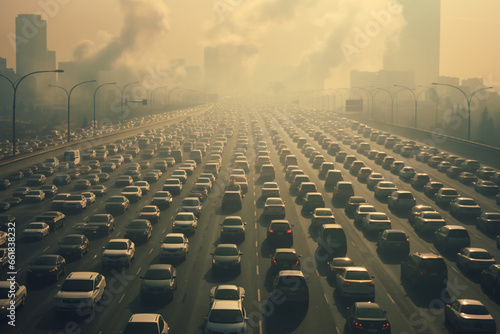 Navigate the urban hustle as a massive flow of cars fills a major highway, highlighting environmental pollution challenges. Ai generated