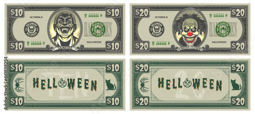 Vector set of Halloween game money. Banknotes in denominations of 10 and 20 dollars. Portraits in an oval of a freak vampire and an scary clown. Part 3