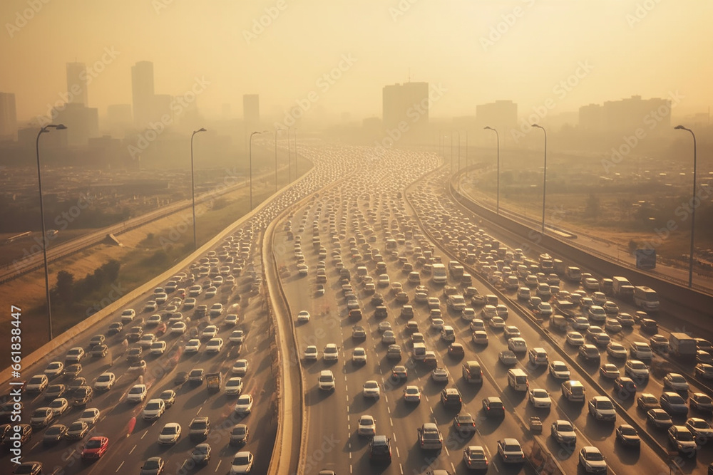 Navigate the urban hustle as a massive flow of cars fills a major highway, highlighting environmental pollution challenges. Ai generated