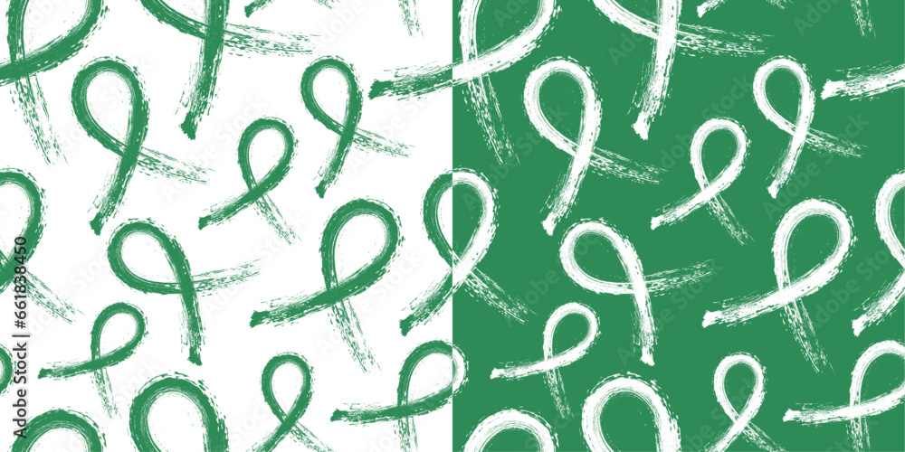 Set of Calligraphic Sea Green Awareness Ribbon Brush stroke, Seamless