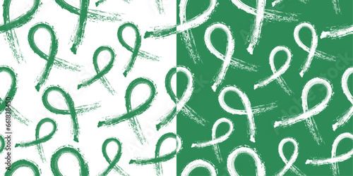 Set of Calligraphic Sea Green Awareness Ribbon Brush stroke, Seamless and repeatable pattern on white and Sea Green backgrounds. Vector Illustration. Represents Stammering or Stuttering. 