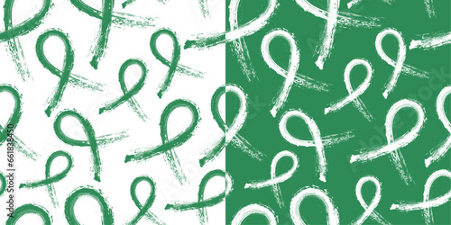 Set of Calligraphic Sea Green Awareness Ribbon Brush stroke, Seamless and repeatable pattern on white and Sea Green backgrounds. Vector Illustration. Represents Stammering or Stuttering.
