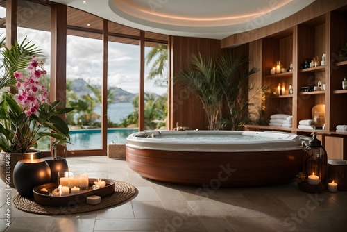 Zen, meditation, relaxing background with jacuzzi. Luxury spa resort and wellness haven. Generative AI.