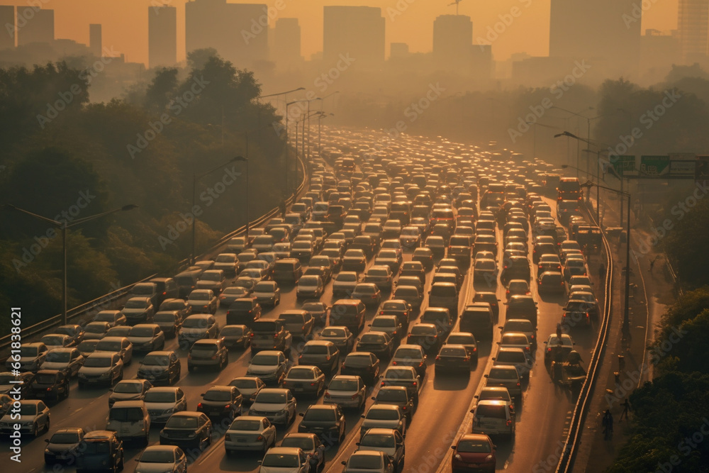 Navigate the urban hustle as a massive flow of cars fills a major highway, highlighting environmental pollution challenges. Ai generated