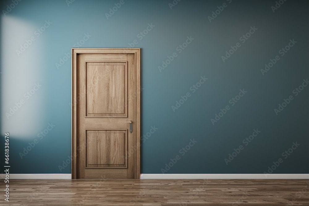 Manufactured wooden door showcased with advertising potential in an empty room Manufactured wooden door showcased with advertising potential in an empty room