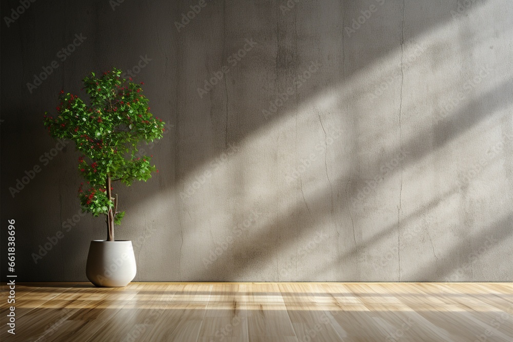 Minimalist charm A dark room, potted plant, concrete wall, wooden floor Minimalist charm A dark room, potted plant, concrete wall, wooden floor