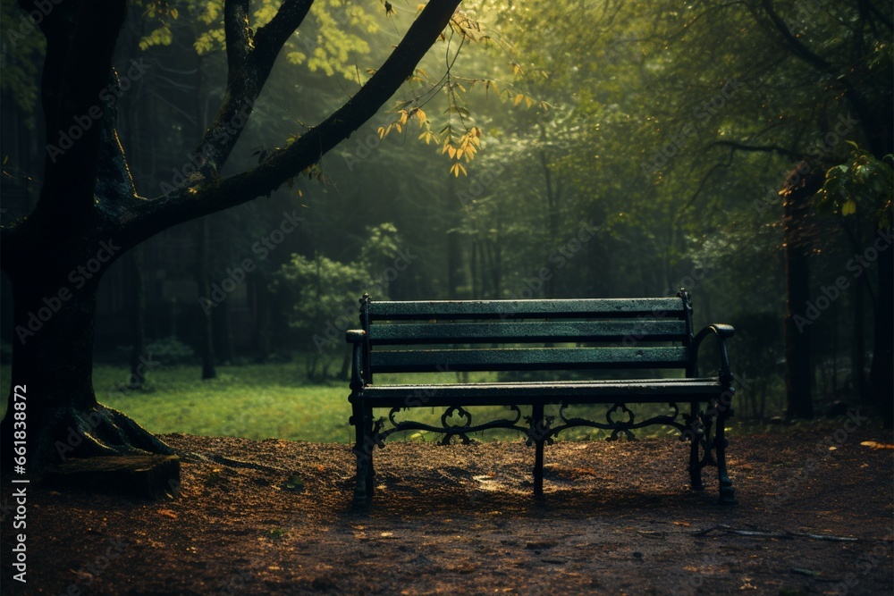 Moody nature envelops an isolated bench, a couple lost within