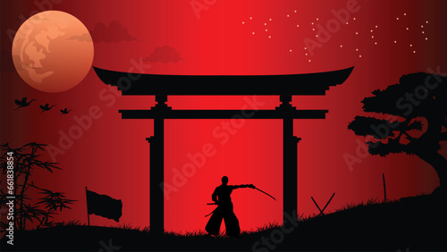 illustration vector graphic of Ninja, Assassin, Samurai training at night on a full moon. Perfect for wallpaper, poster, etc.