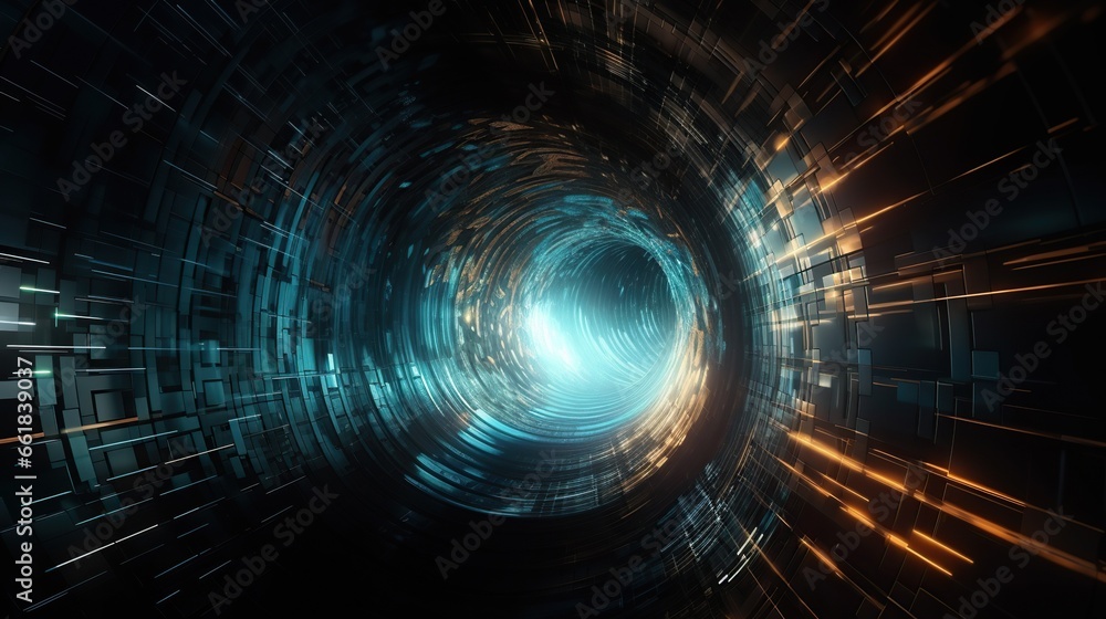 Digital cyberspace glowing tunnel on dark abstract background with copy space. Blue color. Cyber data vortex illustration. - obrazy, fototapety, plakaty 