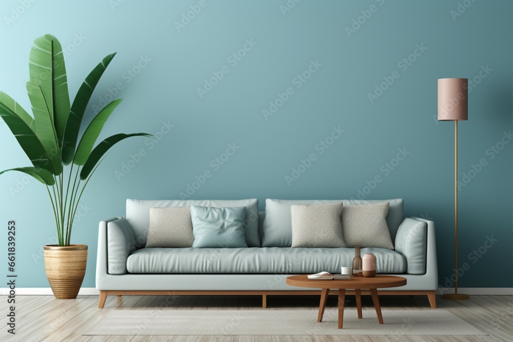 Sleek, modern living room with an empty light blue wall Sleek, modern living room with an empty light blue wall