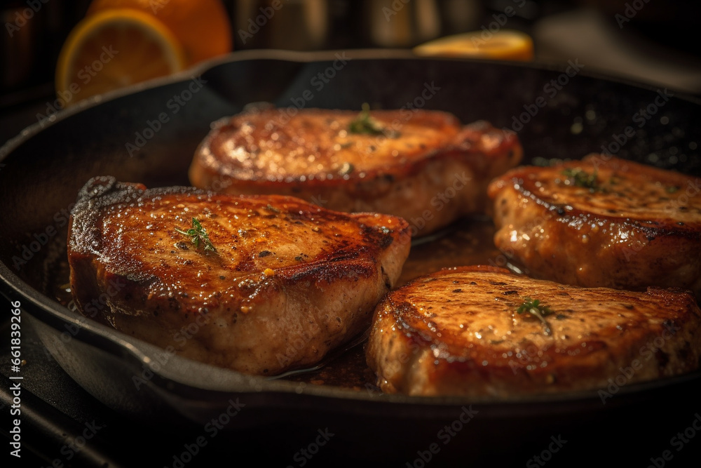 Savor the delicious details of succulent pork chops captured in a product photoshoot illuminated by soft, natural light. Ai generated Savor the delicious details of succulent pork chops captured in a product photoshoot illuminated by soft, natural light. Ai generated