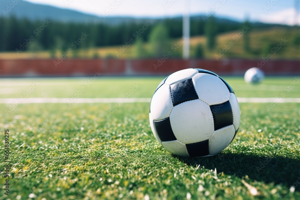 Fototapeta premium Soccer ball waits on the field, ready for the beautiful game