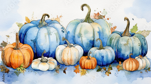 Watercolor painting of a pumpkins in blue color tone.