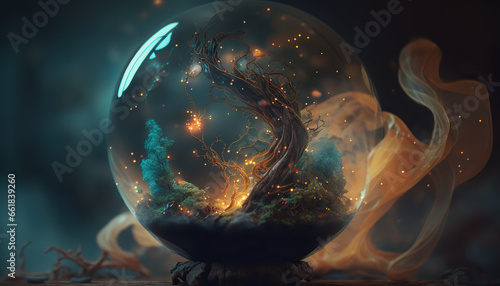 Illustration of magic crystal ball or glowing fortune teller sphere. Mystic background concept.