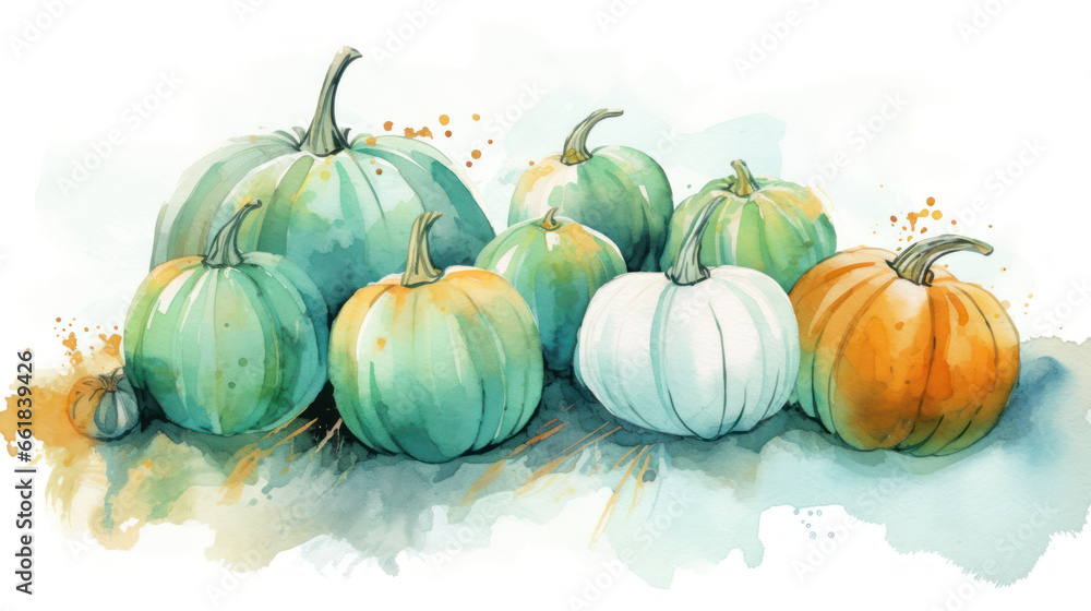 Watercolor painting of a pumpkins in turquoise color tone. - obrazy, fototapety, plakaty 