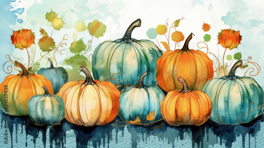 Watercolor painting of a pumpkins in aqua color tone.