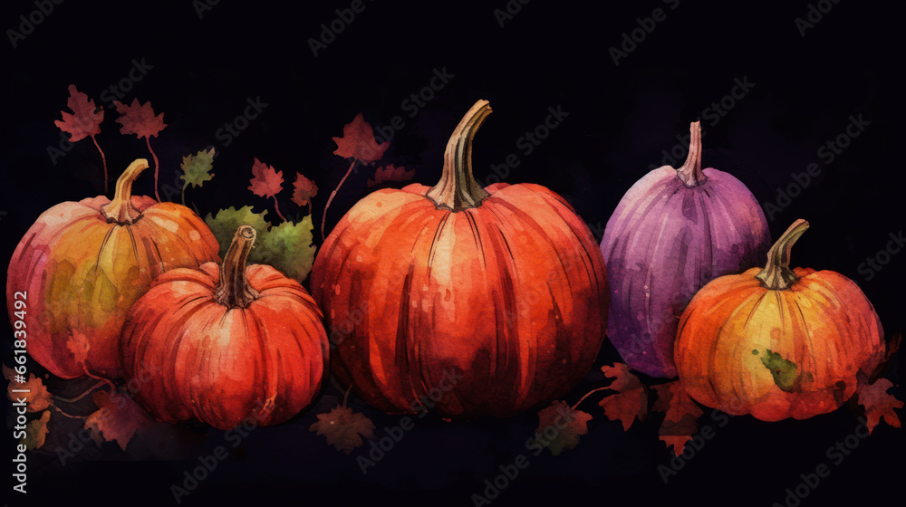 Watercolor painting of a pumpkins in dark red color tone. Watercolor painting of a pumpkins in dark red color tone.