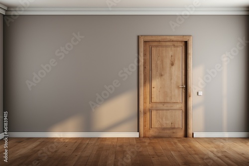 Stylish wooden door in an empty room  perfect for advertising text