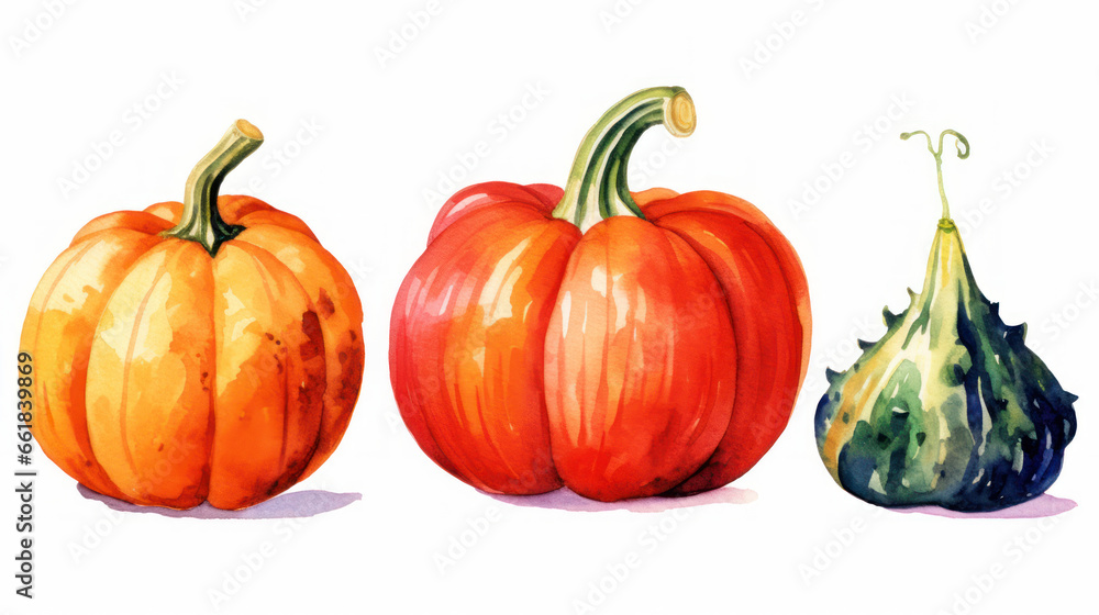 Obraz premium Watercolor painting of a pumpkins in vivid red color tone.
