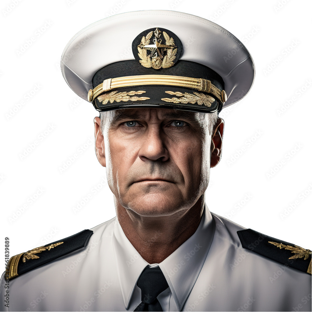 Portrait of a seasoned ship captain, donning a white uniform with gold epaulettes, on transparent background Portrait of a seasoned ship captain, donning a white uniform with gold epaulettes, on transparent background