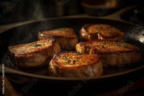 Savor the delicious details of succulent pork chops captured in a product photoshoot illuminated by soft, natural light. Ai generated
