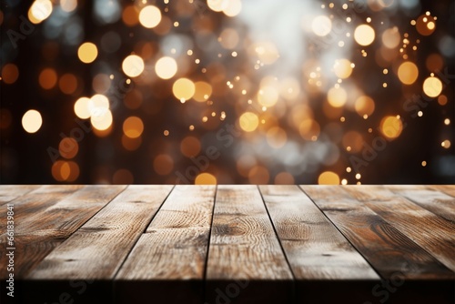 Wooden table adorned with bokeh lights, ideal for festive presentations