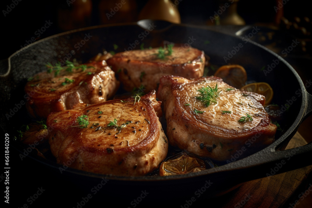 Savor the delicious details of succulent pork chops captured in a product photoshoot illuminated by soft, natural light. Ai generated Savor the delicious details of succulent pork chops captured in a product photoshoot illuminated by soft, natural light. Ai generated