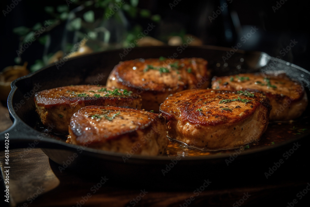 Savor the delicious details of succulent pork chops captured in a product photoshoot illuminated by soft, natural light. Ai generated
