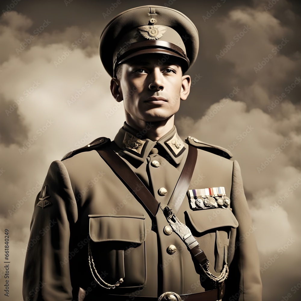 Amidst the backdrop of a world on the brink of upheaval, a vintage soldier emerges as a paragon of pride and resolve. Their frame stands tall, an embodiment of unwavering determination in the lead-up Amidst the backdrop of a world on the brink of upheaval, a vintage soldier emerges as a paragon of pride and resolve. Their frame stands tall, an embodiment of unwavering determination in the lead-up