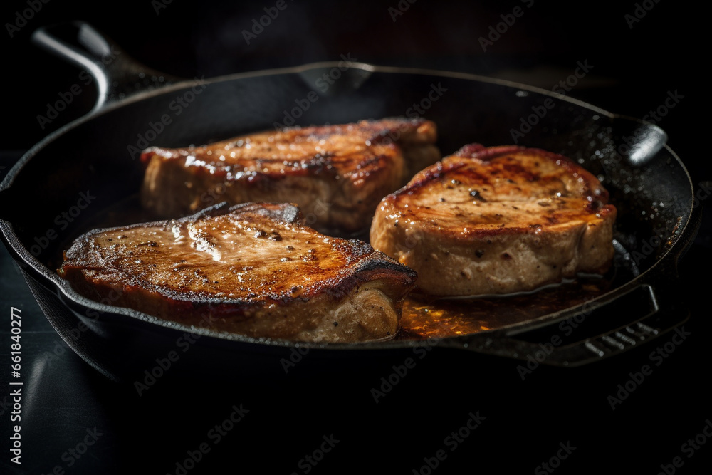 Savor the delicious details of succulent pork chops captured in a product photoshoot illuminated by soft, natural light. Ai generated Savor the delicious details of succulent pork chops captured in a product photoshoot illuminated by soft, natural light. Ai generated