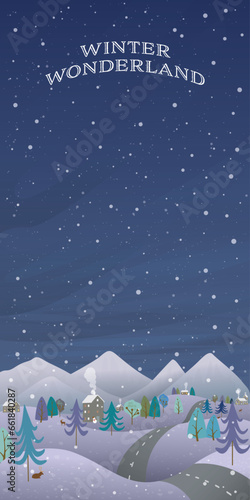 Winter wonderland at night and have snowfall vertical vector illustration. Merry Christmas and Happy New Year greeting card template have blank space.