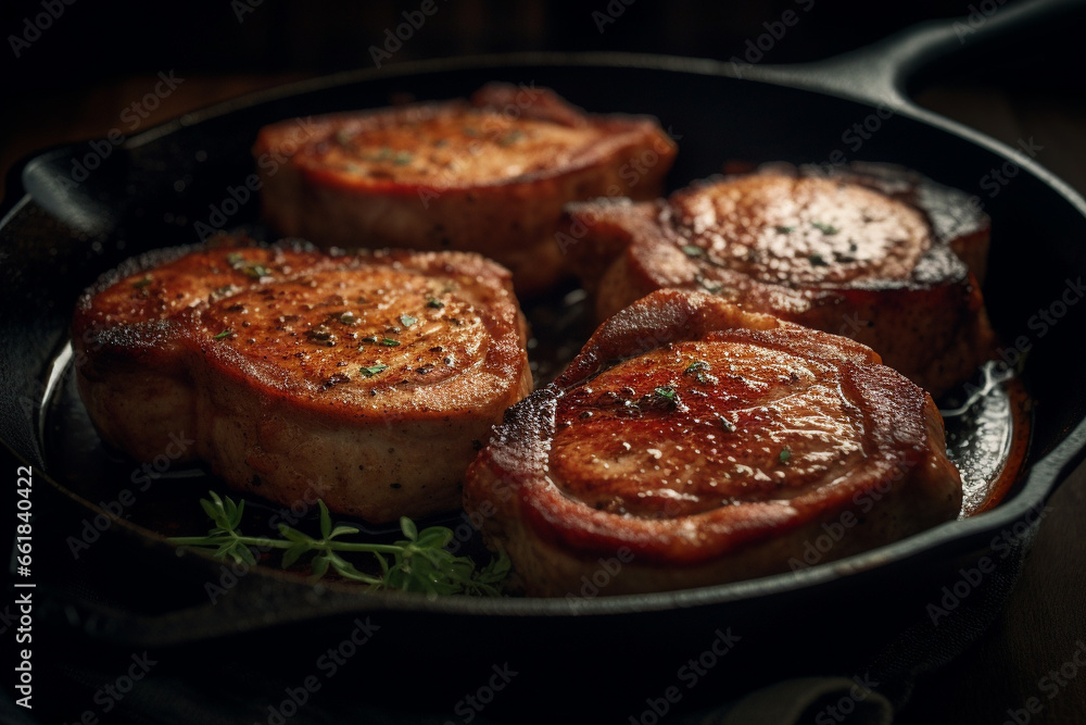 Savor the delicious details of succulent pork chops captured in a product photoshoot illuminated by soft, natural light. Ai generated Savor the delicious details of succulent pork chops captured in a product photoshoot illuminated by soft, natural light. Ai generated