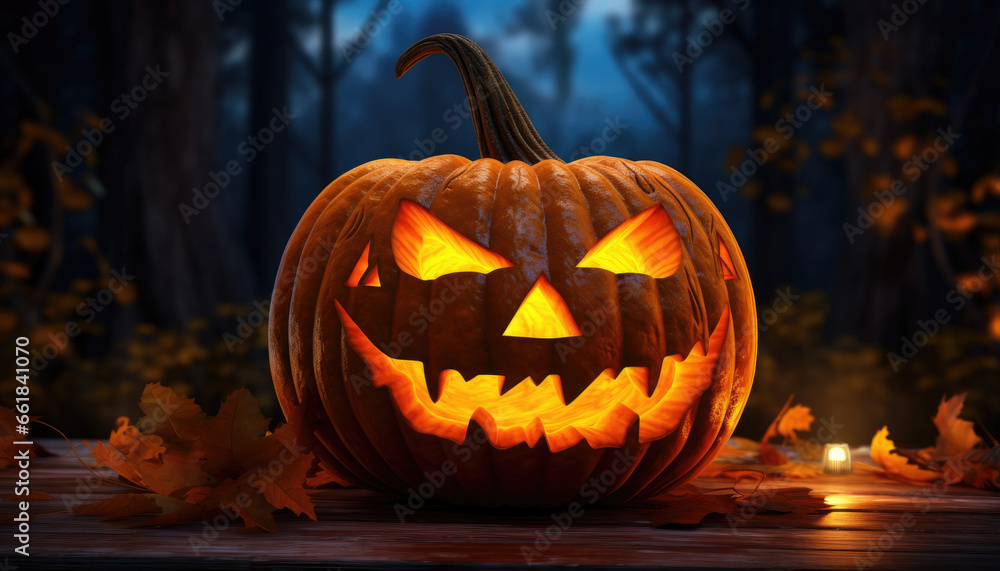 Jack o lantern and glowing lights background banner design in spooky atmosphere Jack o lantern and glowing lights background banner design in spooky atmosphere