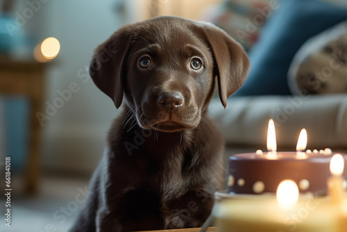 Celebrate joy as an adorable labrador puppy eyes a birthday cake placed in front of him, ready for a delightful celebration. Ai generated