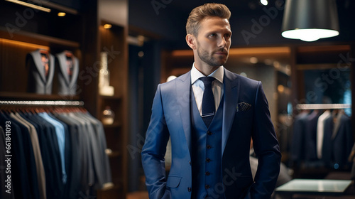 A man in a classic suit stands in the fitting room of a men's clothing luxury boutique store