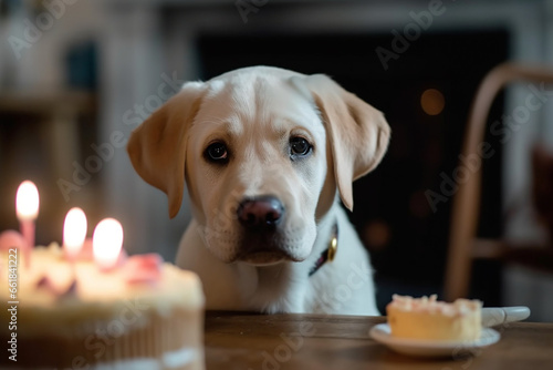 Celebrate joy as an adorable labrador puppy eyes a birthday cake placed in front of him, ready for a delightful celebration. Ai generated