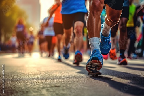 Sports runners close-up shot of feet in sneakers. Runner's legs. Running marathon. Sports concept