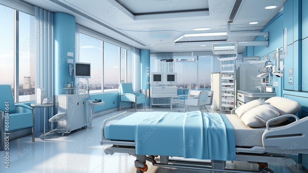 A hospital room with up-to-date medical gear and fuzzy patient, nurse, and doctor figures. A hospital room with up-to-date medical gear and fuzzy patient, nurse, and doctor figures.