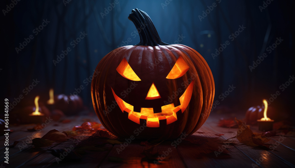 Fototapeta premium Jack o lantern and glowing lights background banner in spooky atmosphere