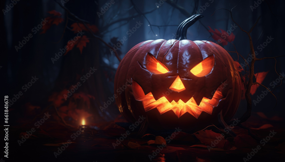 Jack o lantern and glowing lights background banner in spooky atmosphere Jack o lantern and glowing lights background banner in spooky atmosphere