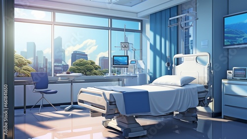 A hospital room with up-to-date medical gear and fuzzy patient  nurse  and doctor figures.