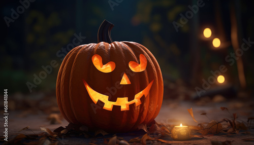 Jack o lantern pumpkin face and glowing lights background banner design in spooky atmosphere