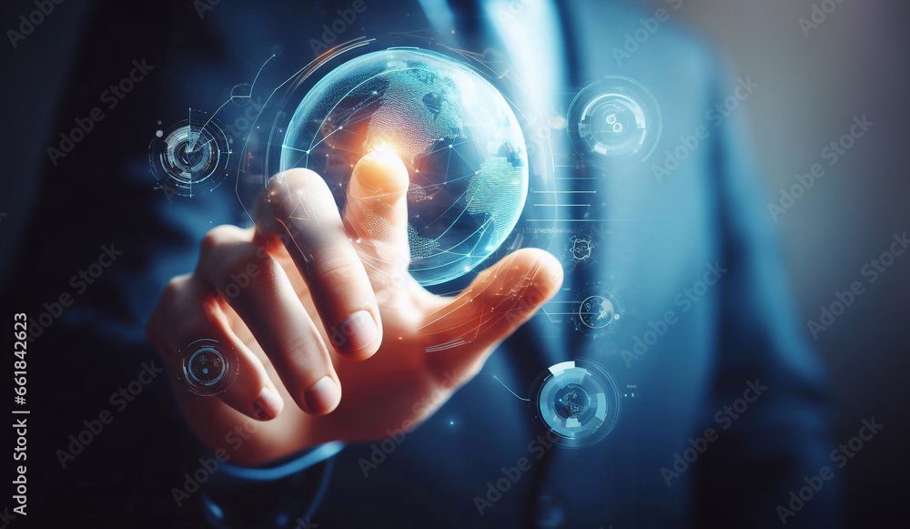 Businessman using communication hologram generative AI illustration art Businessman using communication hologram generative AI illustration art