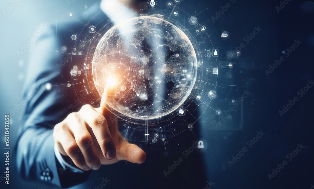 Businessman using communication hologram generative AI illustration art Businessman using communication hologram generative AI illustration art