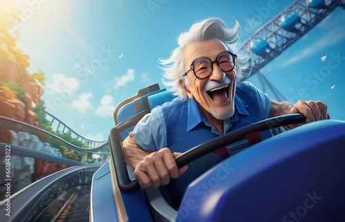 Old man rides a roller coaster photo